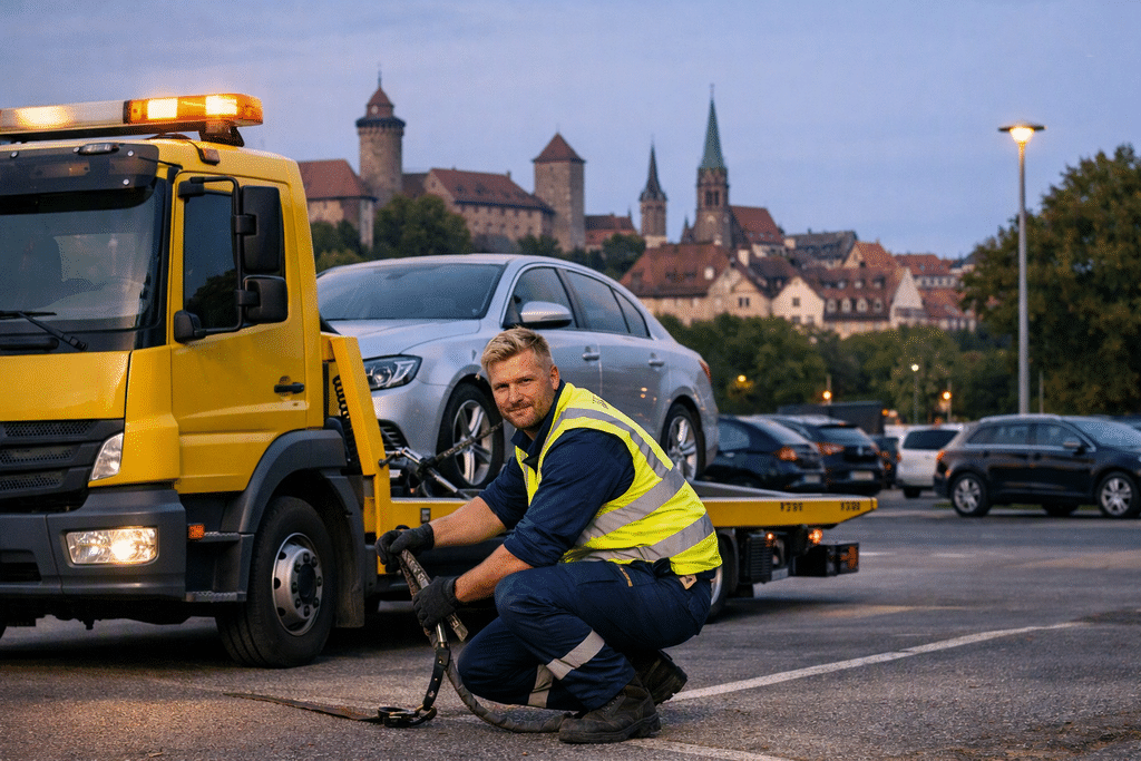 Abschleppdienst Nürnberg: Ein Pkw wird auf einen Abschleppwagen geladen, im Hintergrund eine Burg (Symbolbild)